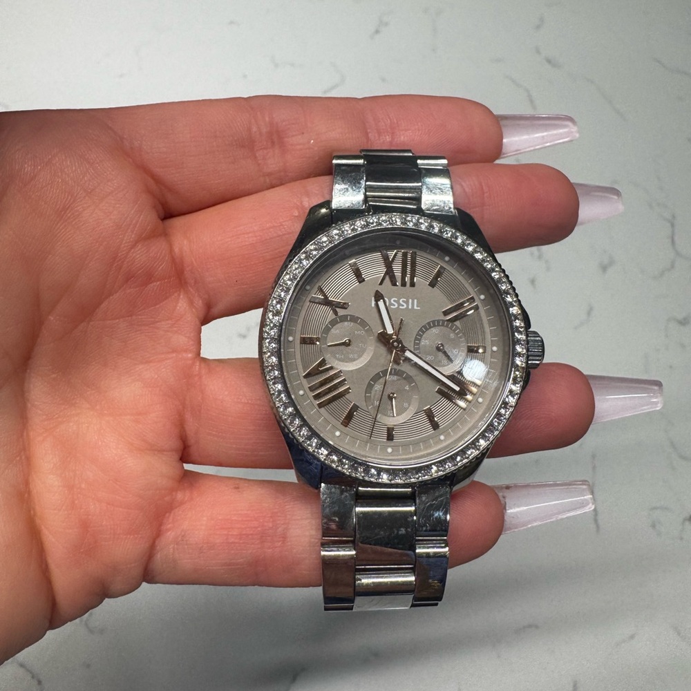 Fossil Silver Chronograph Watch with Crystal Bezel